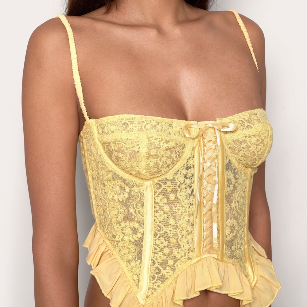 Danielle Guizio butter yellow lace flutter corset top